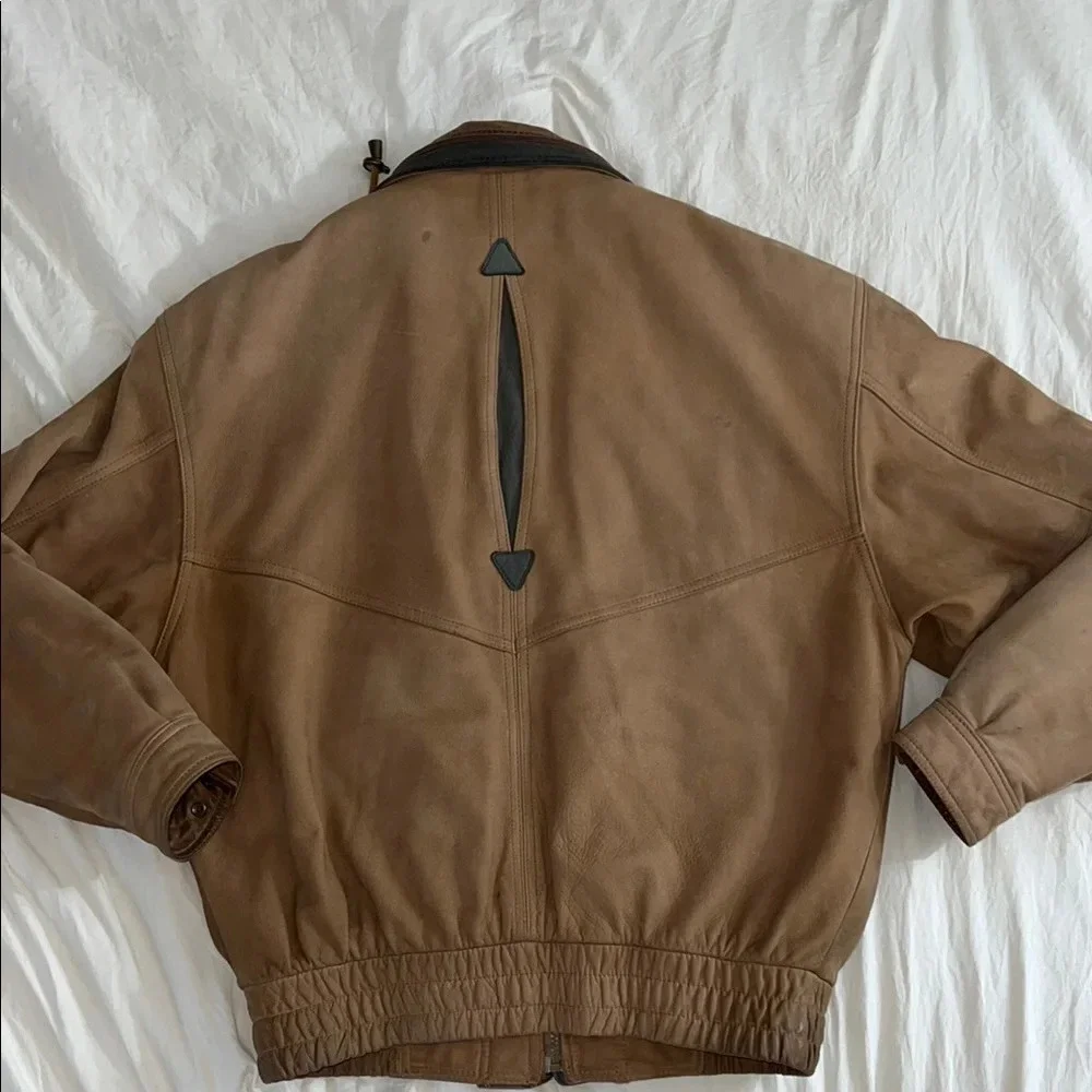 Tan Suede Military Field Jacket with Green Collar & Quilted Lining - Picture 5 of 6